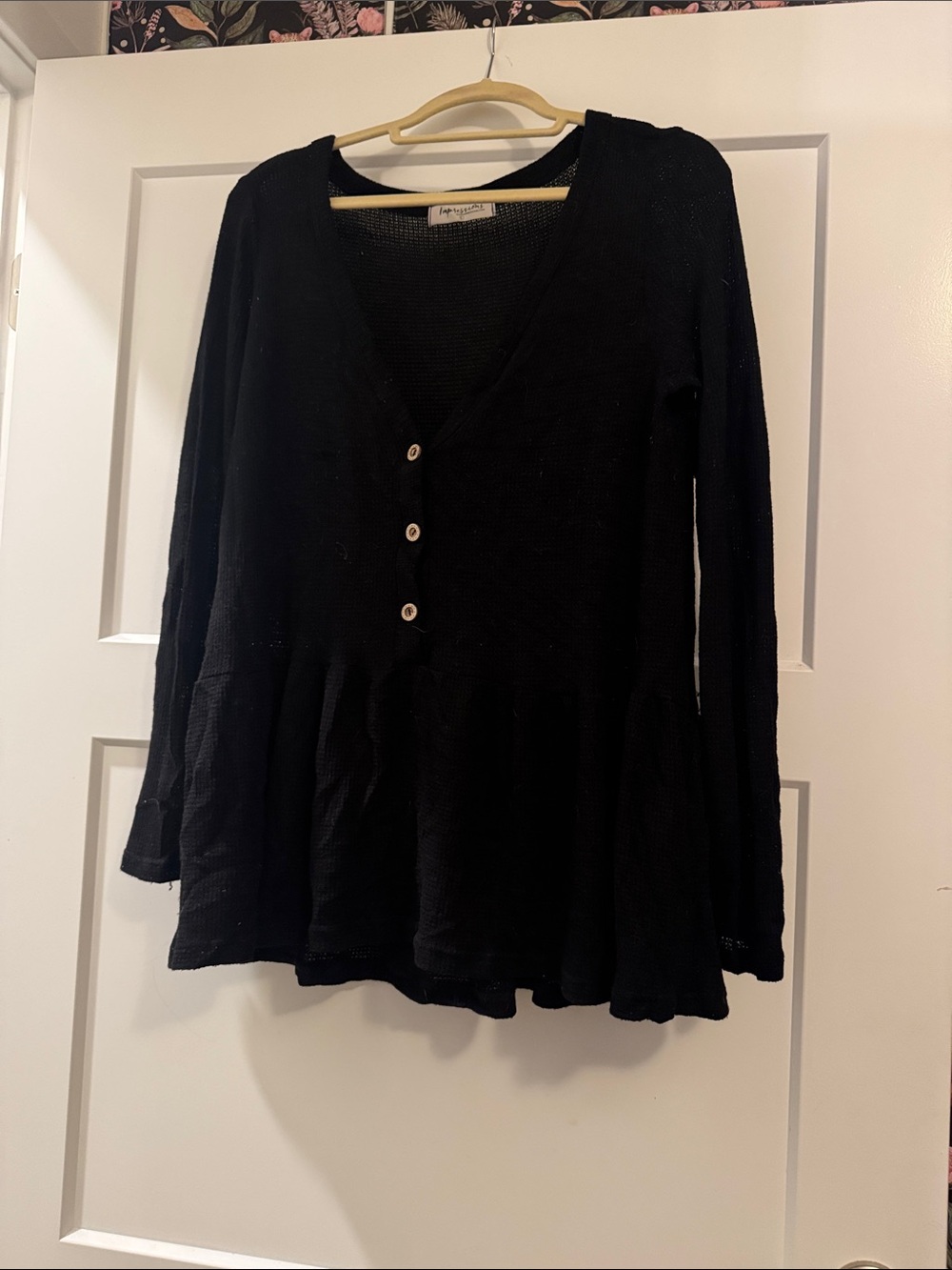 Impressions Black V-Neck Peplum Button-Front Top